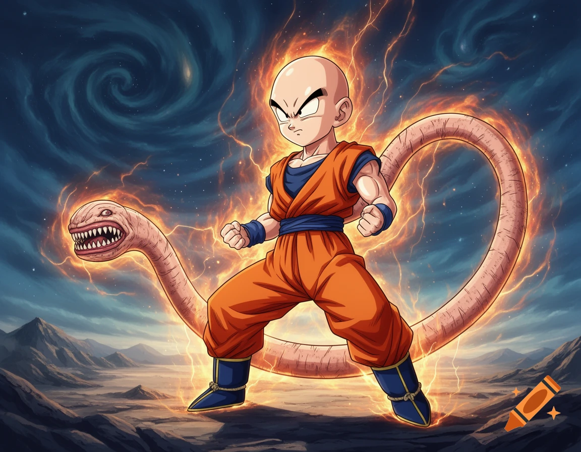 Anime Krillin in a dynamic pose, glowing with energy, with a monstrous fanged tail behind him, set against a stormy sky and barren landscape.