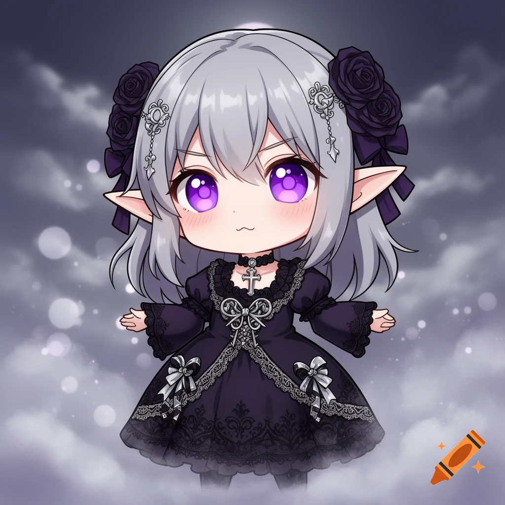 A cute chibi anime elf girl with purple eyes and silver hair, wearing a ...
