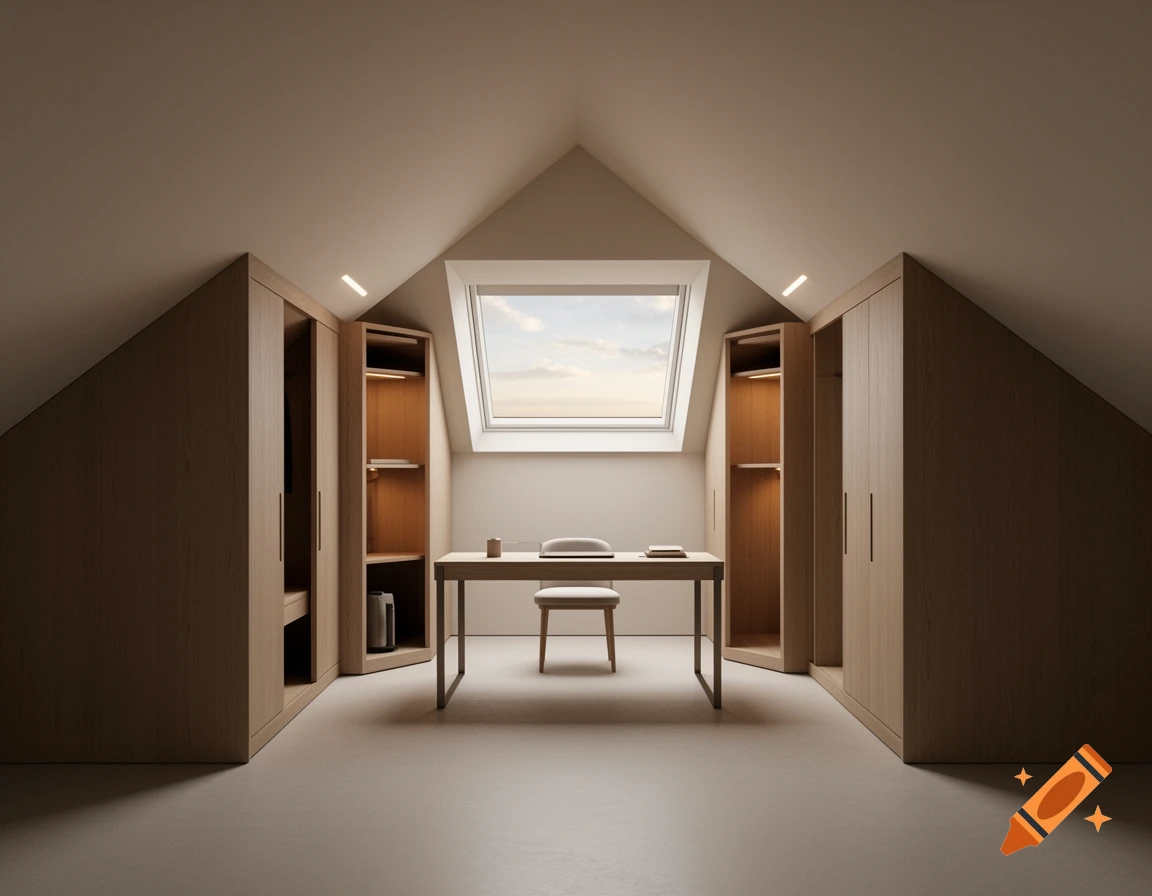 Modern minimalist attic home office with a desk, chair, built-in wooden cabinets, and a skylight.