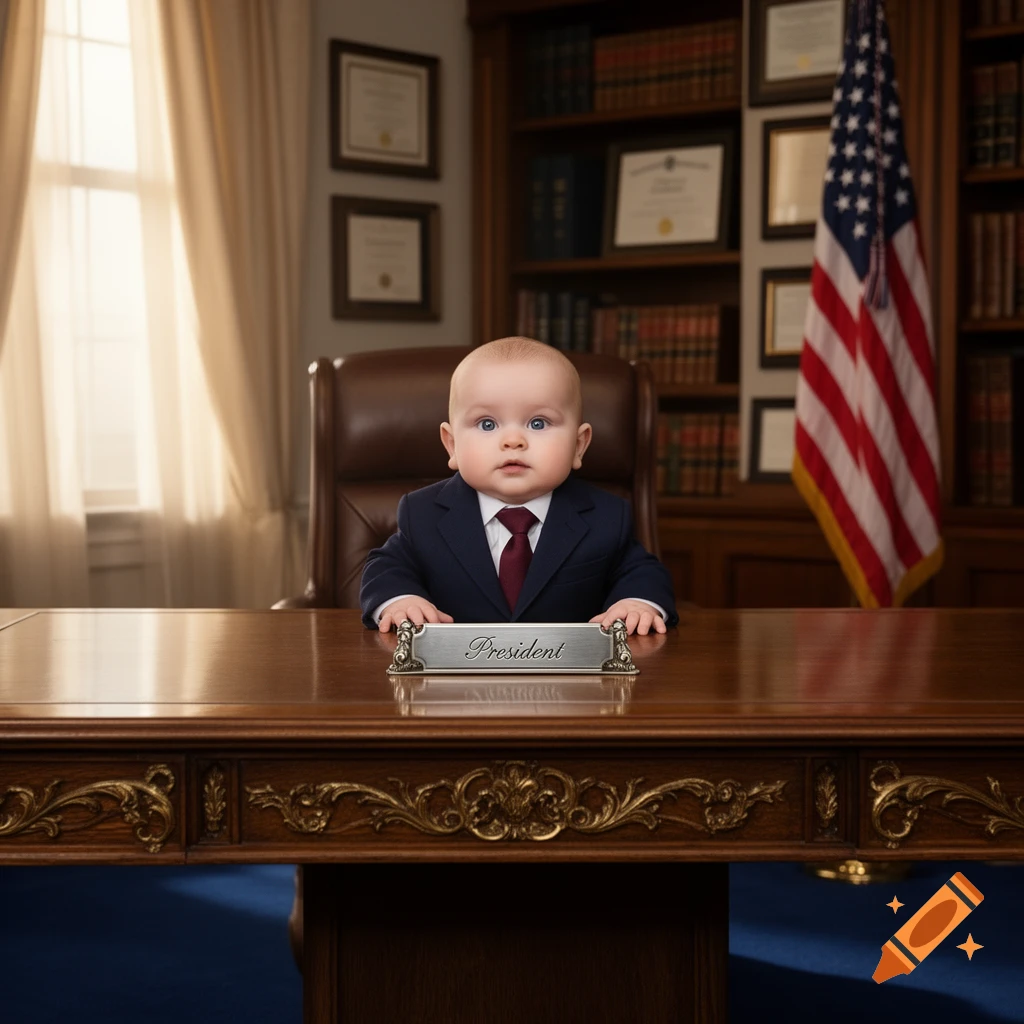 A photorealistic image of a baby in a suit and tie sitting behind a large wooden desk with a "President" nameplate, an American flag in the background.