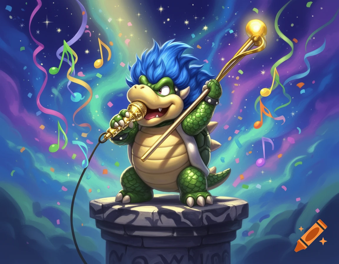 Ludwig von Koopa with blue hair sings into a golden microphone on a pedestal, surrounded by musical notes and confetti.