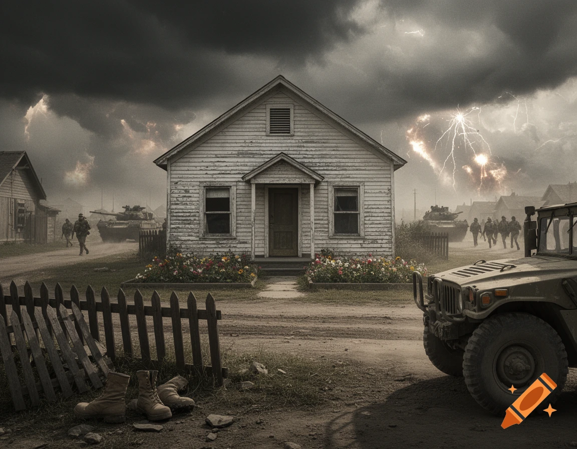 Photorealistic image of a war scene: soldiers and tanks approaching a house under a stormy, lightning-filled sky, a military vehicle foreground.