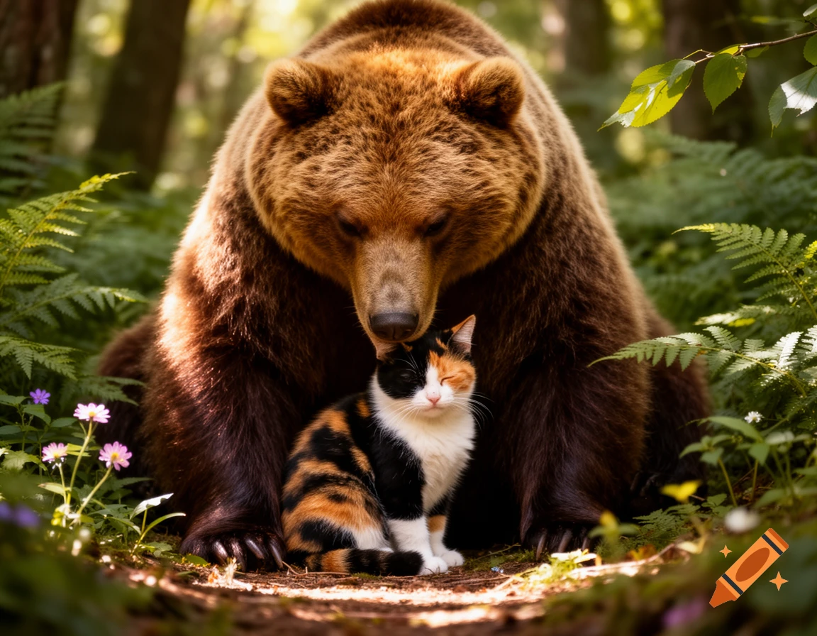 A large brown bear gently touches a calico cat's head in a lush forest with ferns and small flowers, photorealistic style.