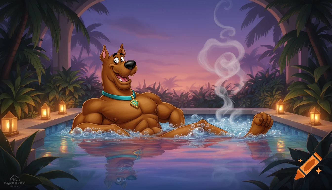 Muscular Scooby Doo relaxes in a bubbly hot tub surrounded by palm trees at sunset, in a vibrant cartoon style.