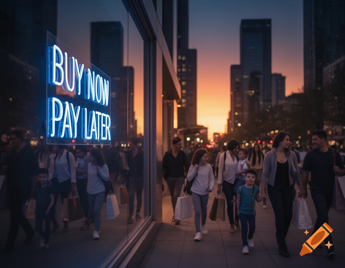 A busy city street at sunset, with people walking past a window reflecting buildings and a bright blue neon sign reading 'BUY NOW PAY LATER'. Photorealistic style.