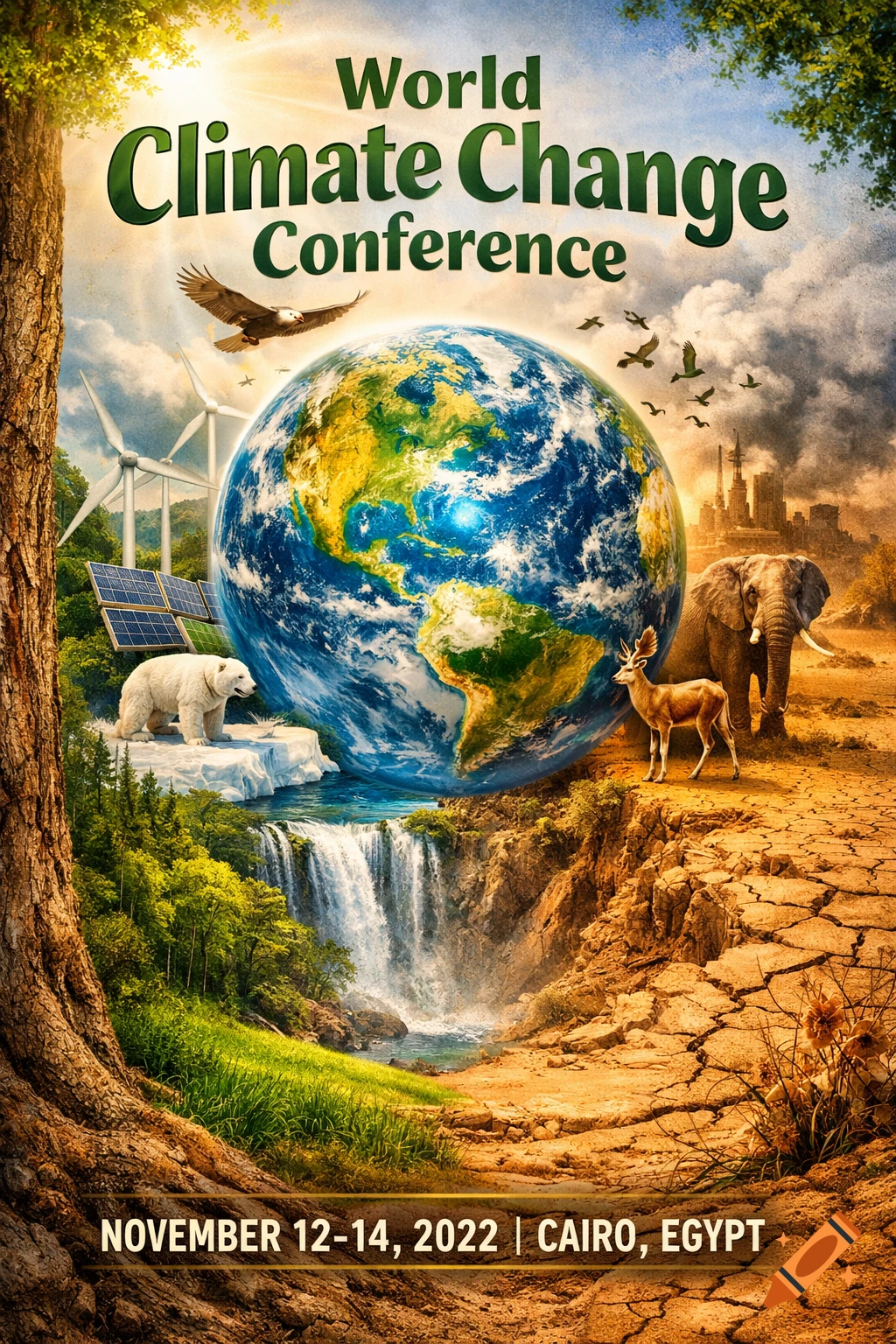 A vibrant poster for the 'World Climate Change Conference' featuring Earth, polar bear, deer, elephant, waterfall, wind turbines, and solar panels.