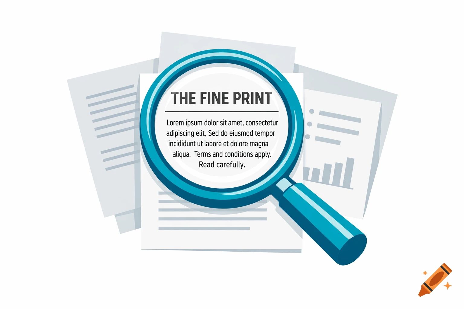 Illustration of a blue magnifying glass over documents with text, titled 'THE FINE PRINT'.