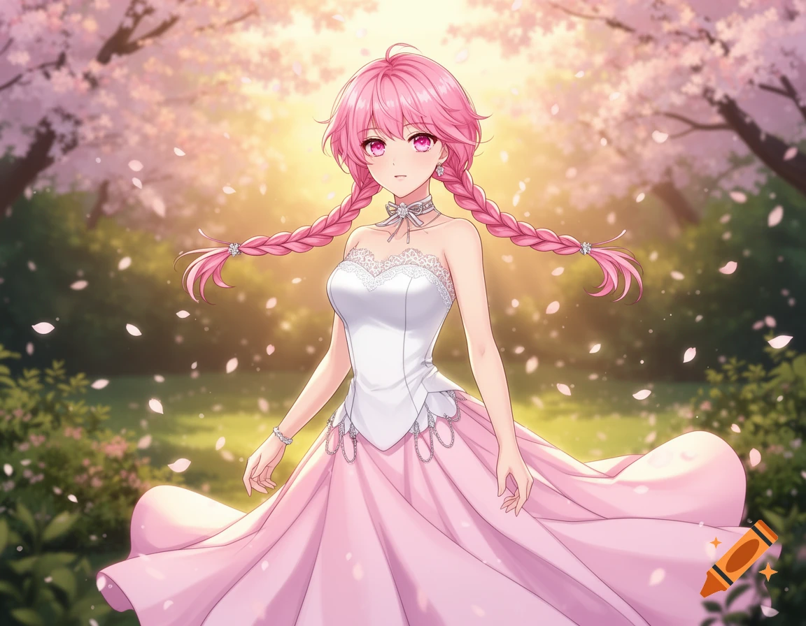 Twiska An anime woman with pink braided hair and pink eyes, wearing a white ...