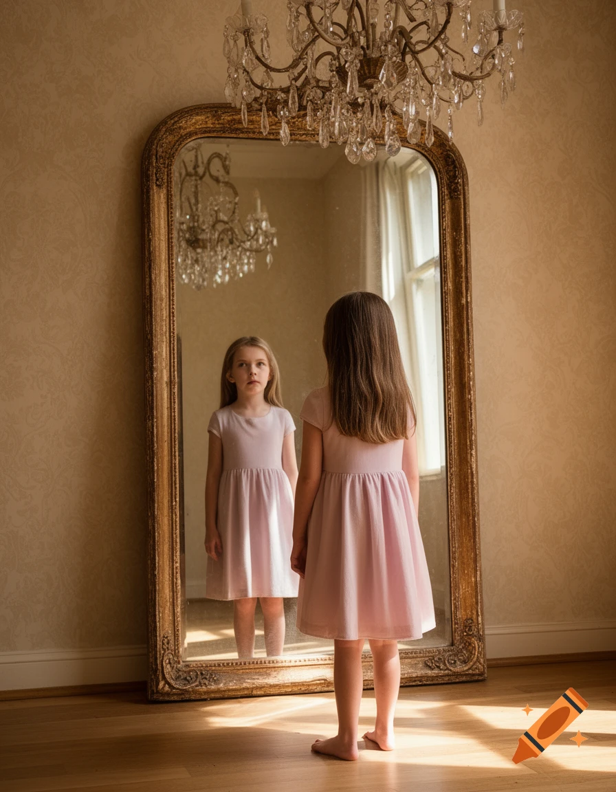 A young girl in a pink dress stands barefoot facing a large ornate mirror, her reflection gazing forward in a photorealistic style.