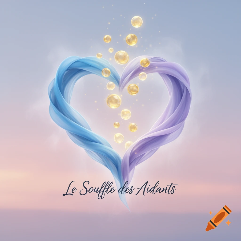A heart formed by flowing blue and purple ribbons, with golden bubbles rising from its center, against a soft sky background. Text reads 'Le Souffle des Aidants'.