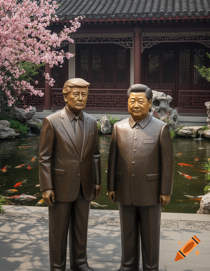 Bronze statues of Donald Trump and Xi Jinping in a traditional Chinese garden with a pond, koi fish, and cherry blossoms.