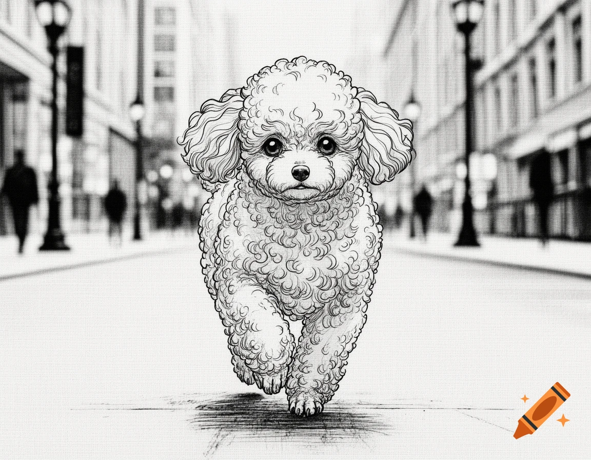 Fine line black ink drawing of a small poodle walking on a city street.