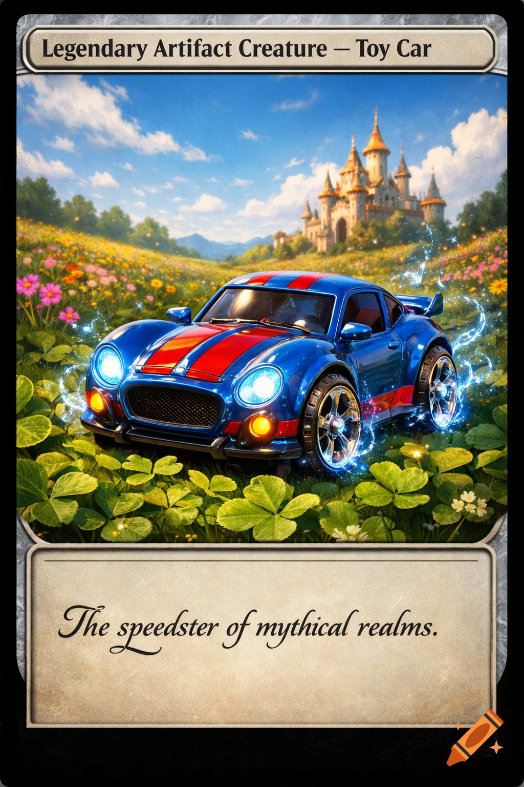 A fantasy trading card depicting a blue and red toy car in a field of flowers with a castle in the background.