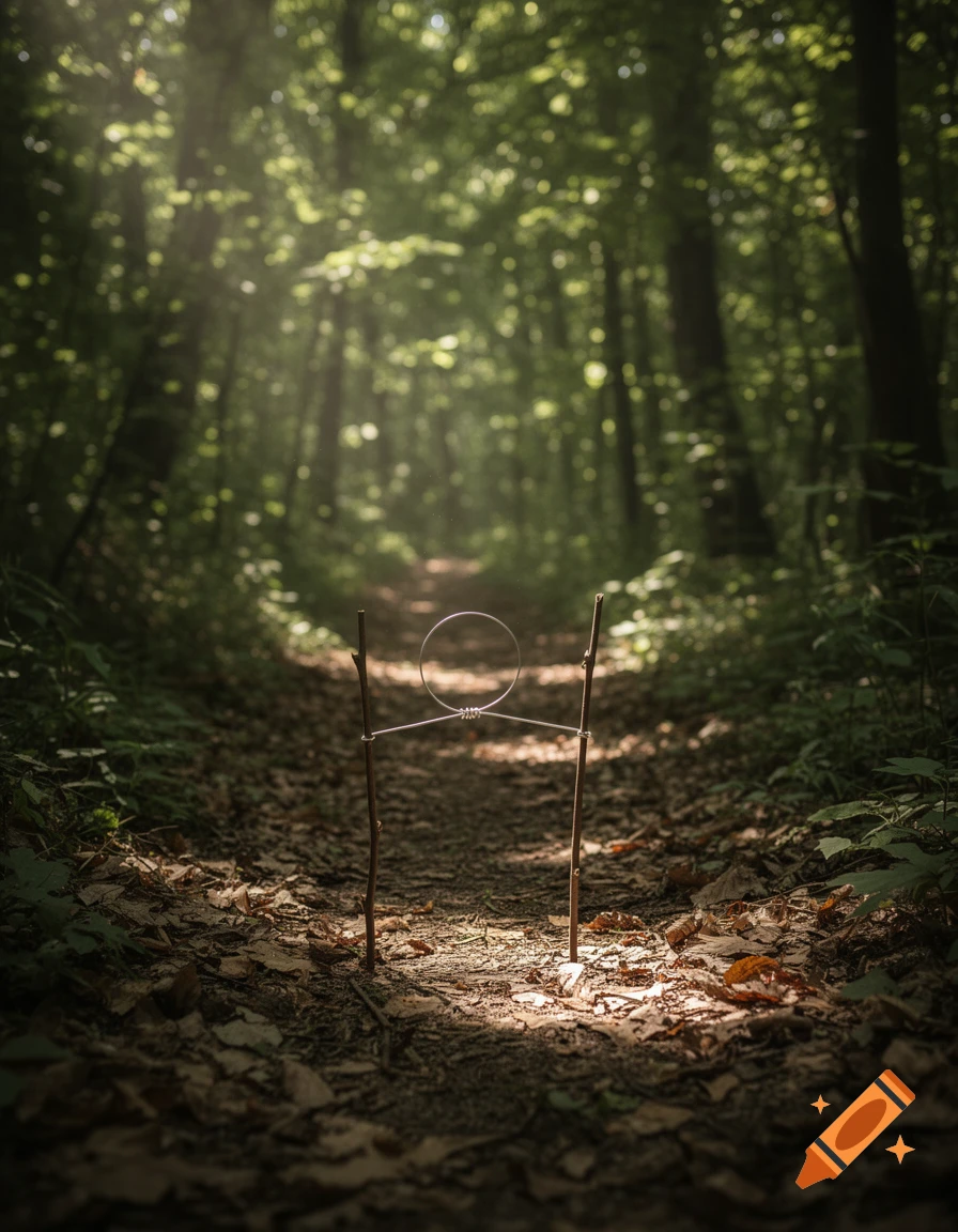 A minimalist survival trap made of sticks and a wire loop on a sunlit forest path, with dappled light through trees.