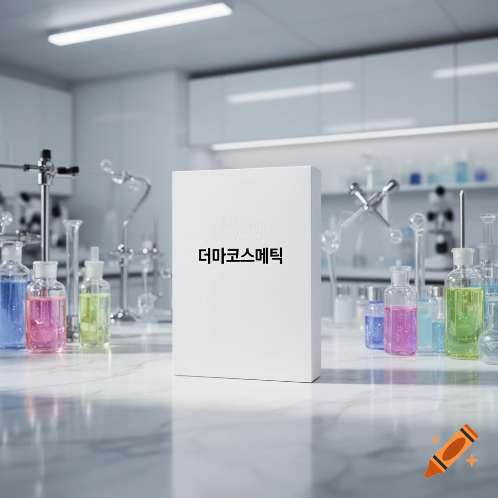 A white product box with "더마코스메틱" written on it sits on a marble lab bench surrounded by colorful liquids in scientific glassware in a bright, modern laboratory.