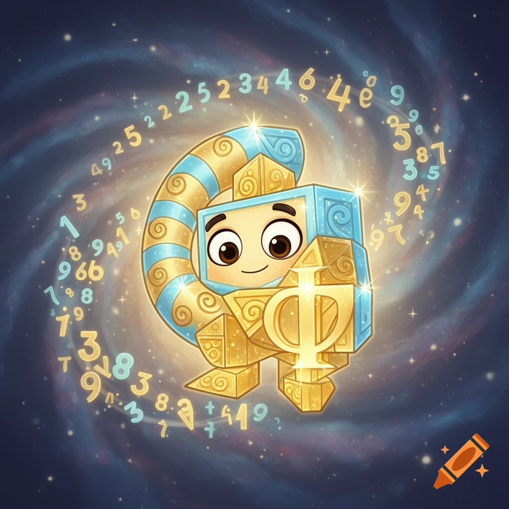 A cute, smiling Numberblock-style character in gold and blue armor, holding a Phi symbol, floats in a starry galaxy with swirling numbers.