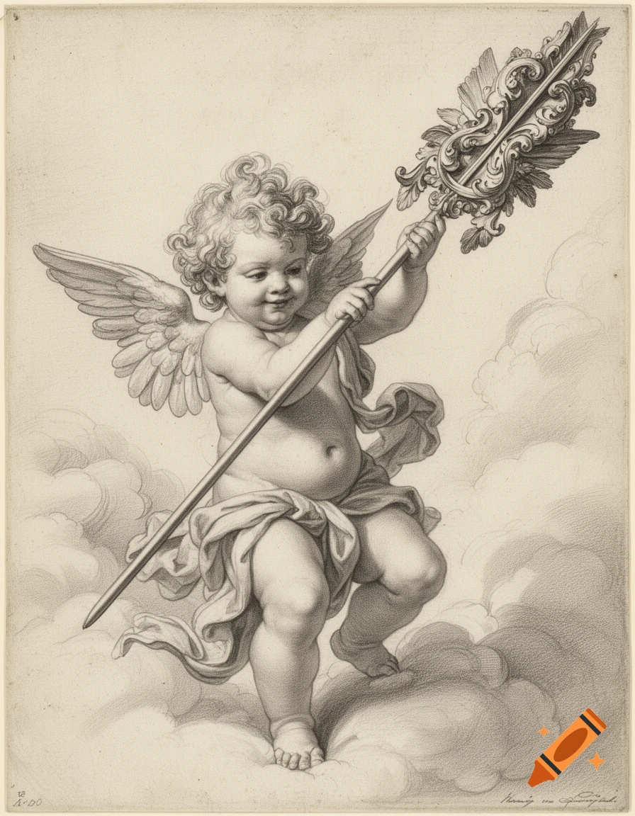 A finely detailed Renaissance-style pencil drawing of a chubby cherub with wings, holding a large ornate staff while standing on clouds.