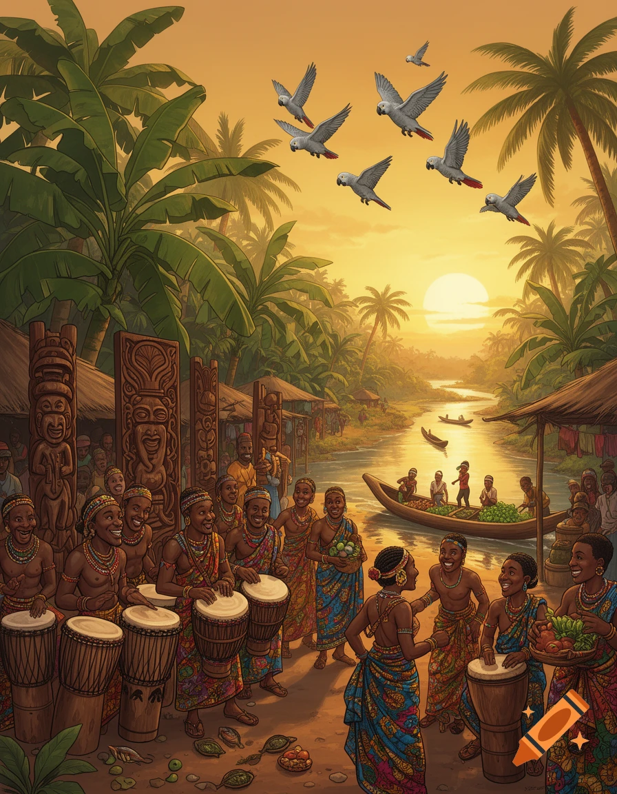 Vibrant illustrated scene of an African village at sunset, with people drumming and dancing, and boats on a river.