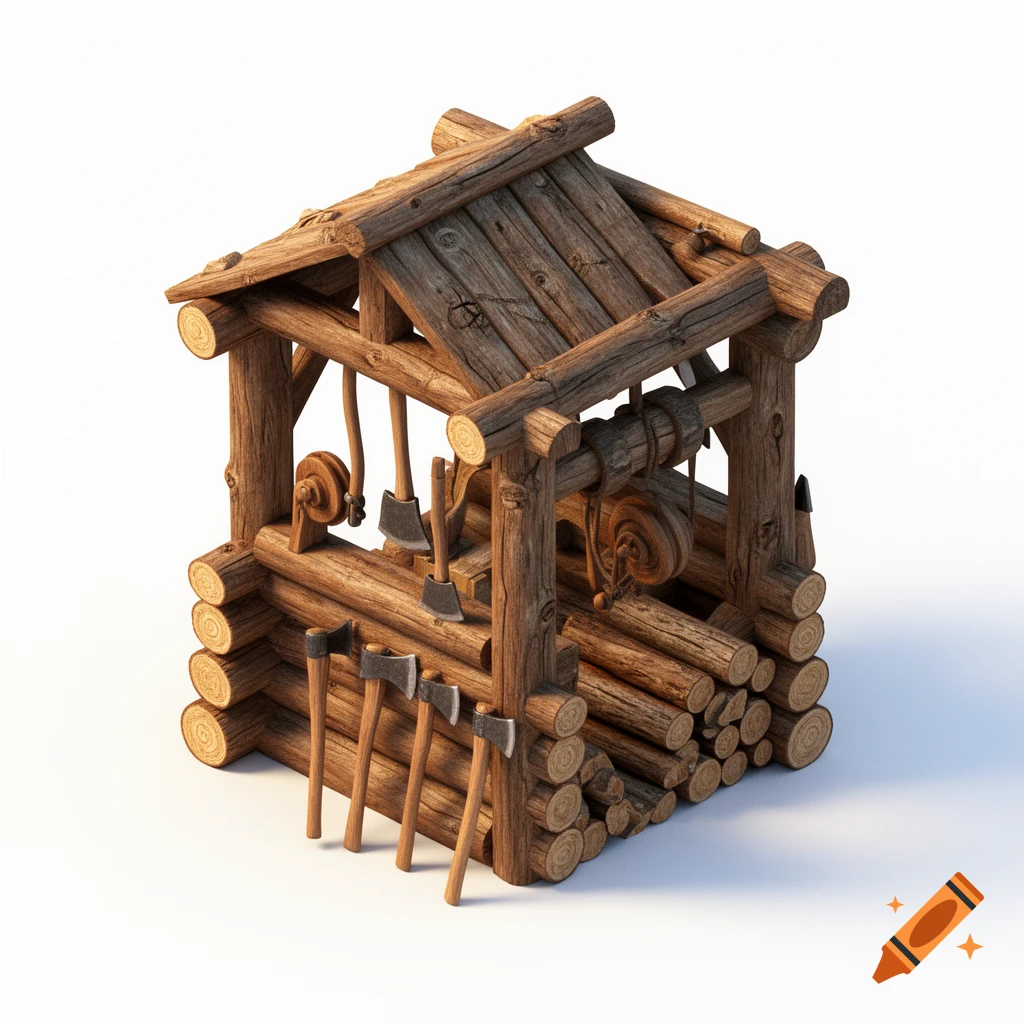 An isometric 3D render of a medieval logger's stand made of logs, featuring multiple axes and stacked firewood.