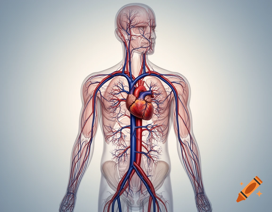 Detailed anatomical illustration of the human circulatory system with a translucent body, showing the heart, red arteries, and blue veins.