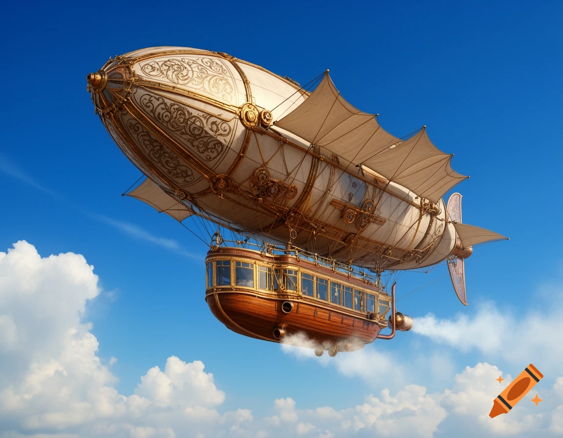 A detailed steampunk airship with an ornate white envelope and a wooden passenger gondola, flying above clouds in a blue sky.