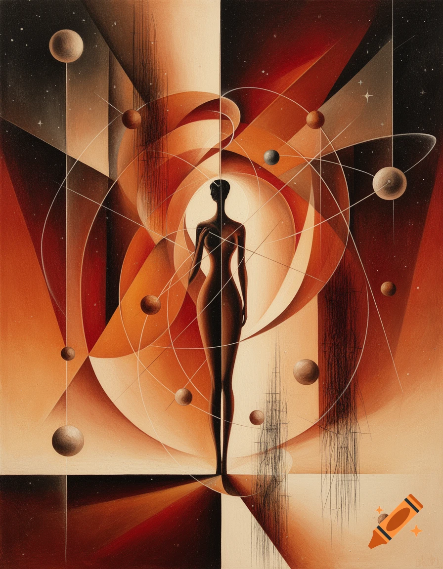 An abstract surrealist oil painting featuring a tall, slender silhouette surrounded by celestial orbs and geometric shapes in warm tones.