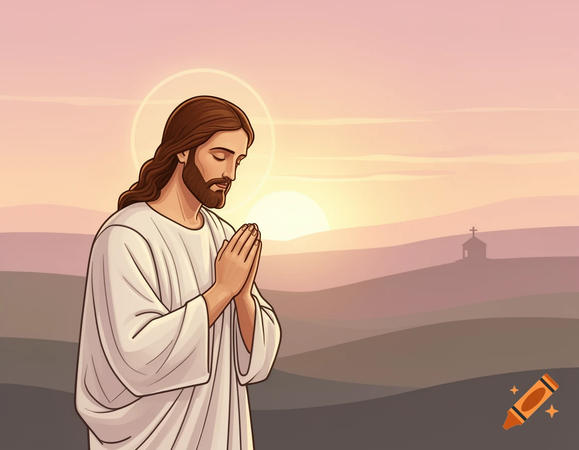 A cartoon illustration of Jesus with a halo, hands clasped in prayer, set against a pastel sunset with rolling hills and a distant church.