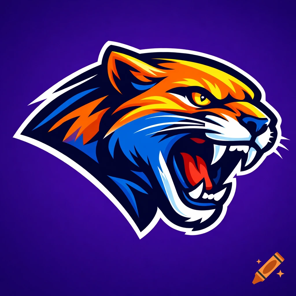 A stylized puma head with intense amber eyes, mouth open in a roar, in bright orange and blue, on a dark purple background.