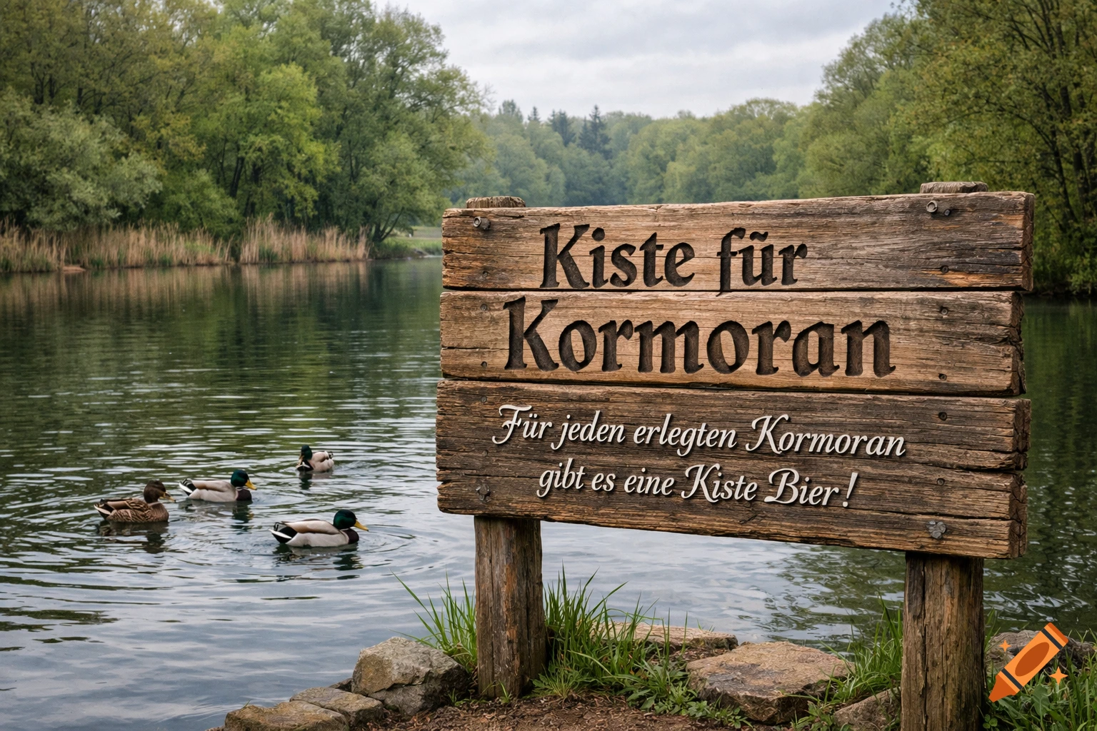 A wooden sign in German, 'Kiste f Kormoran', 'F jeden erlegten Kormoran gibt es eine Kiste Bier!', stands next to a pond with ducks swimming. Trees line the background.