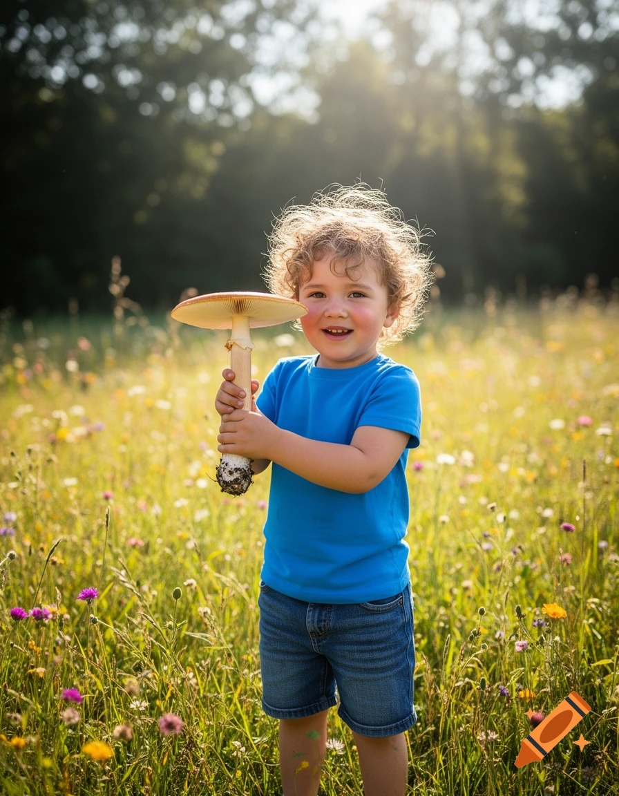 A smiling child with curly hair holds a giant mushroom in a sunlit meadow.
