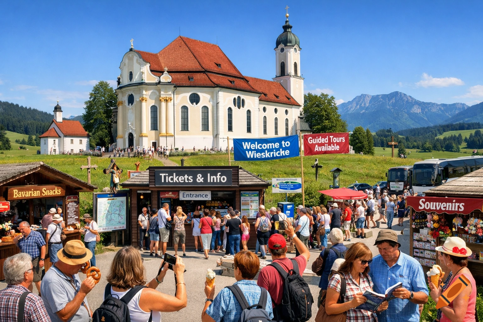 A busy pilgrimage site in Bavaria, featuring a grand church, smaller chapel, and multiple tourist stalls with banners. Many tourists are present, eating ice cream and pretzels, surrounded by buses and a mountainous landscape.