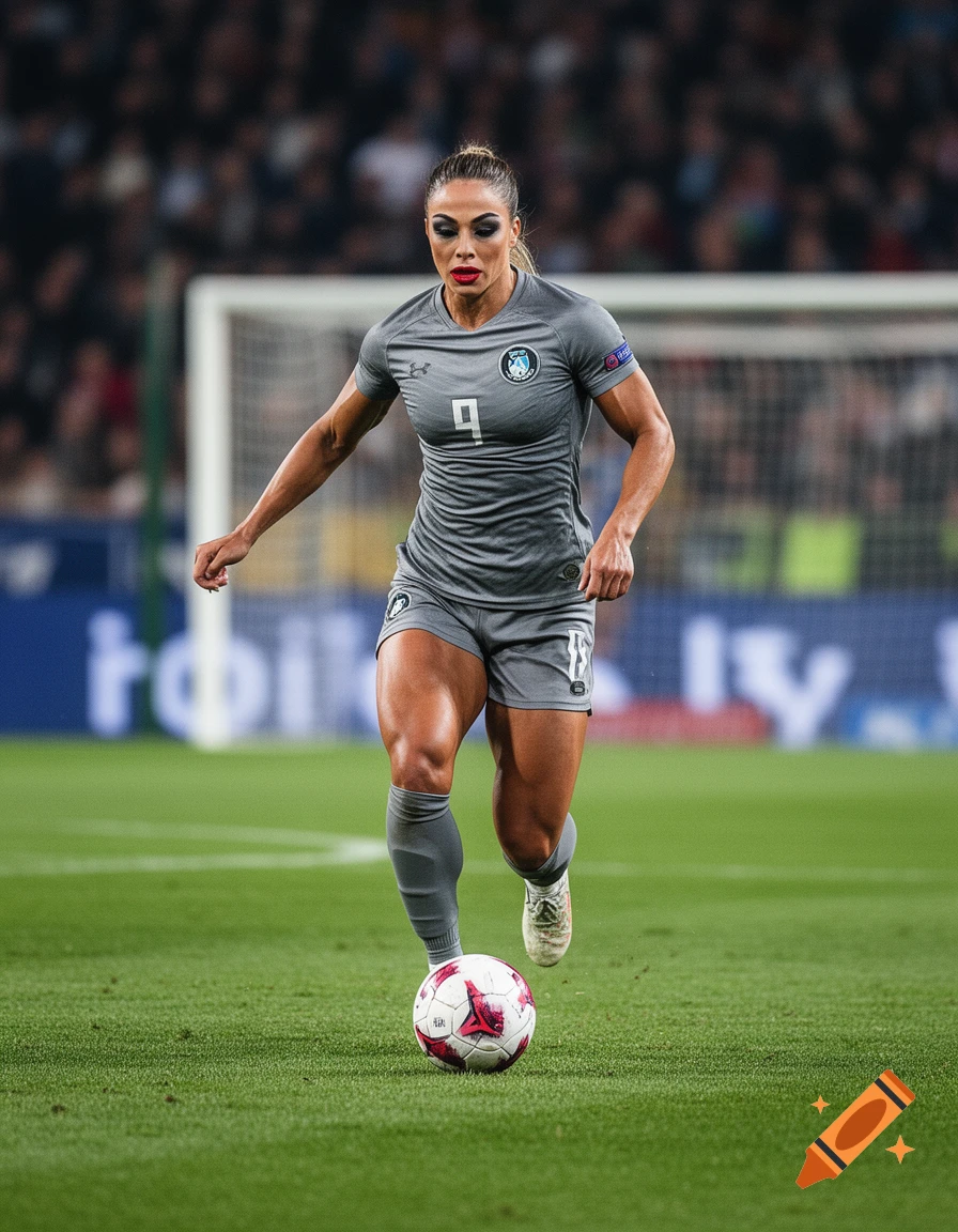 A muscular female footballer dribbling a soccer ball on a green field ...