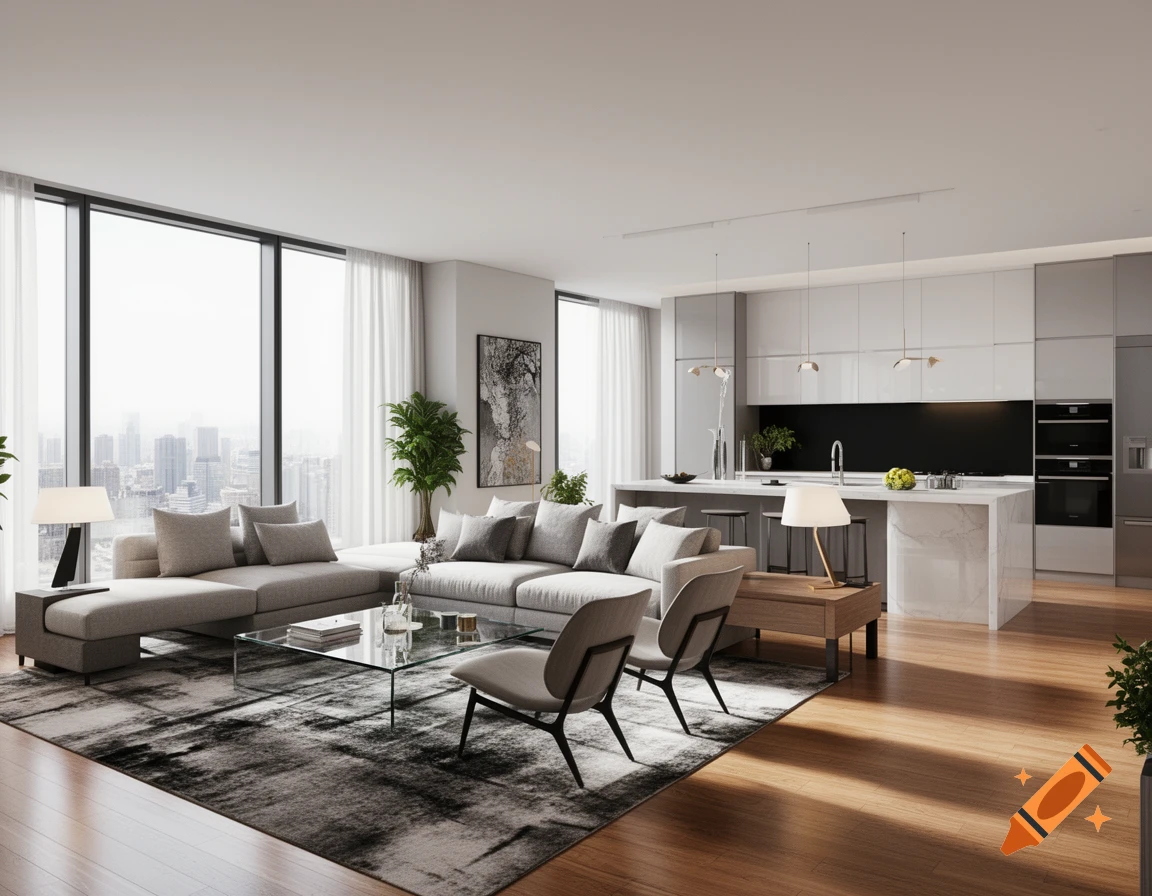 A modern open-plan living room and kitchen with a large L-shaped sofa, glass coffee table, and city views.