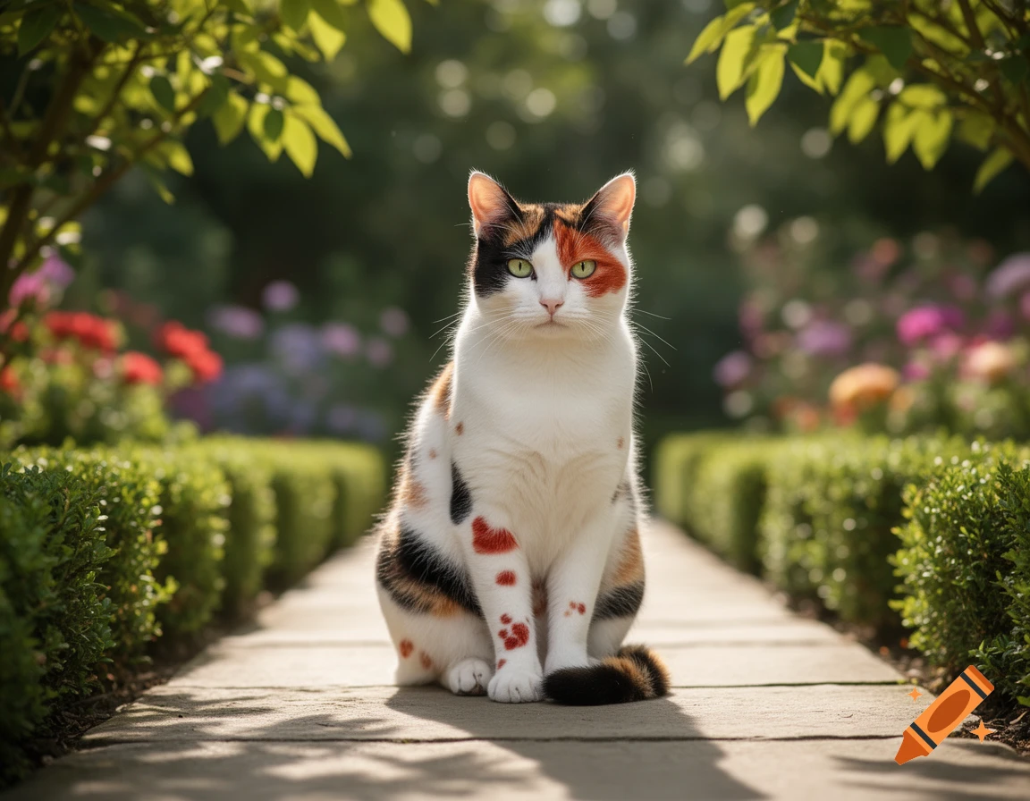 A photorealistic calico cat with green eyes sits on a stone path in a ...