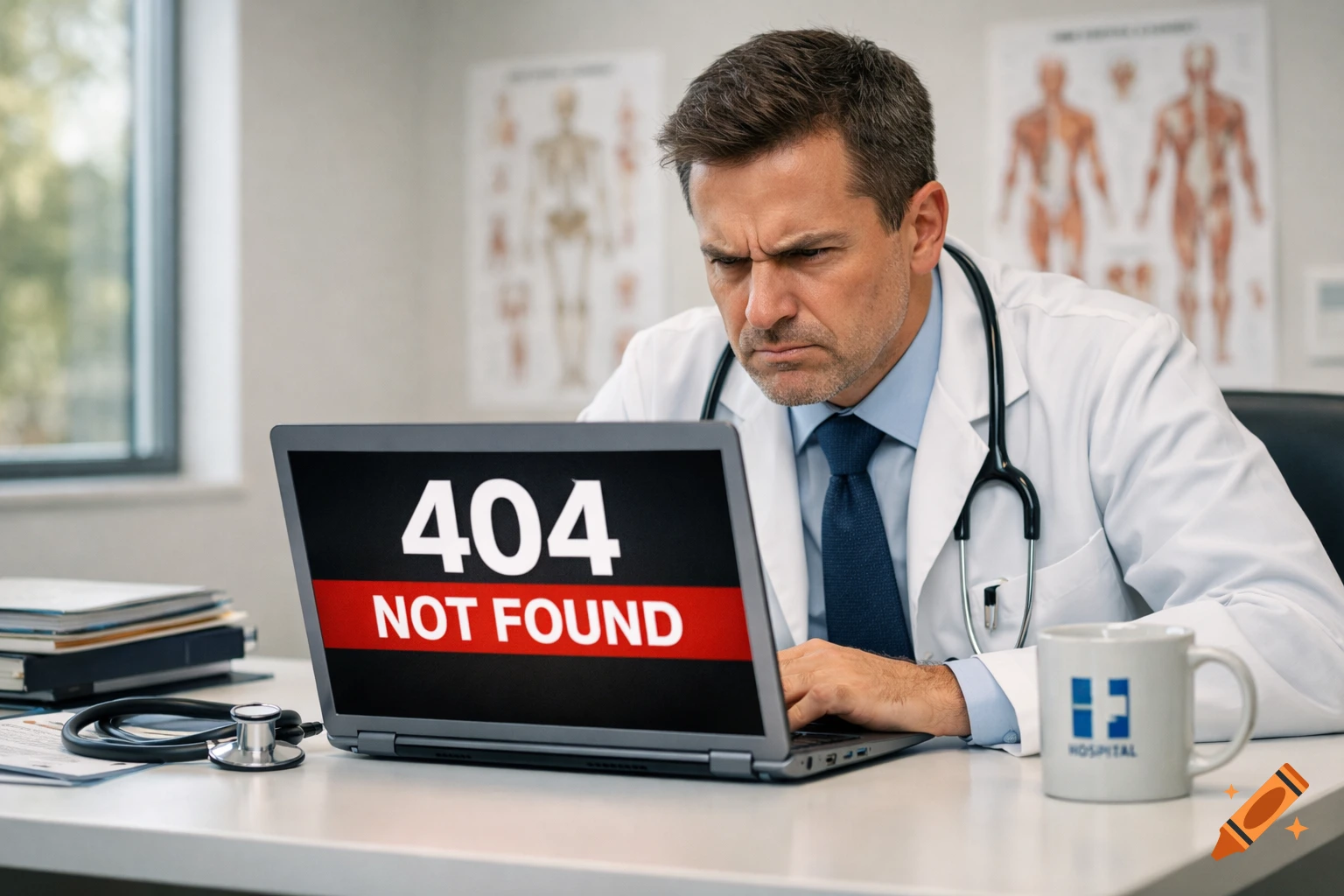 A photorealistic image of an angry doctor looking at a laptop screen displaying a "404 Not Found" error.