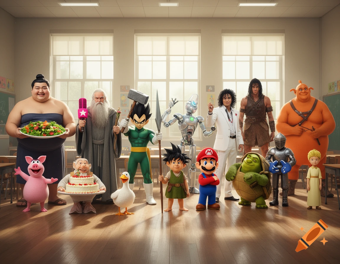 A group of diverse, stylized cartoon characters, including a sumo wrestler, Gandalf, Vegeta, Michael Jackson, Mario, Conan, and Obelix, stand in a classroom.