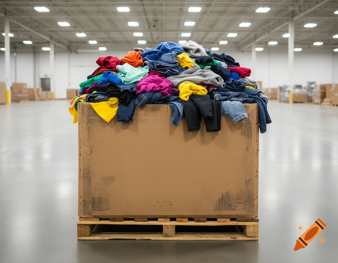 A large cardboard box filled with colorful mixed clothing sits on a wooden pallet in a clean, brightly lit warehouse.