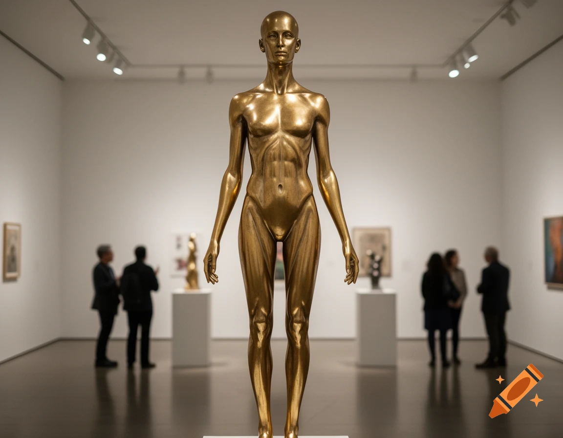 A gold, anatomically detailed human body statue stands prominently in a well-lit art gallery, with blurred visitors in the background.