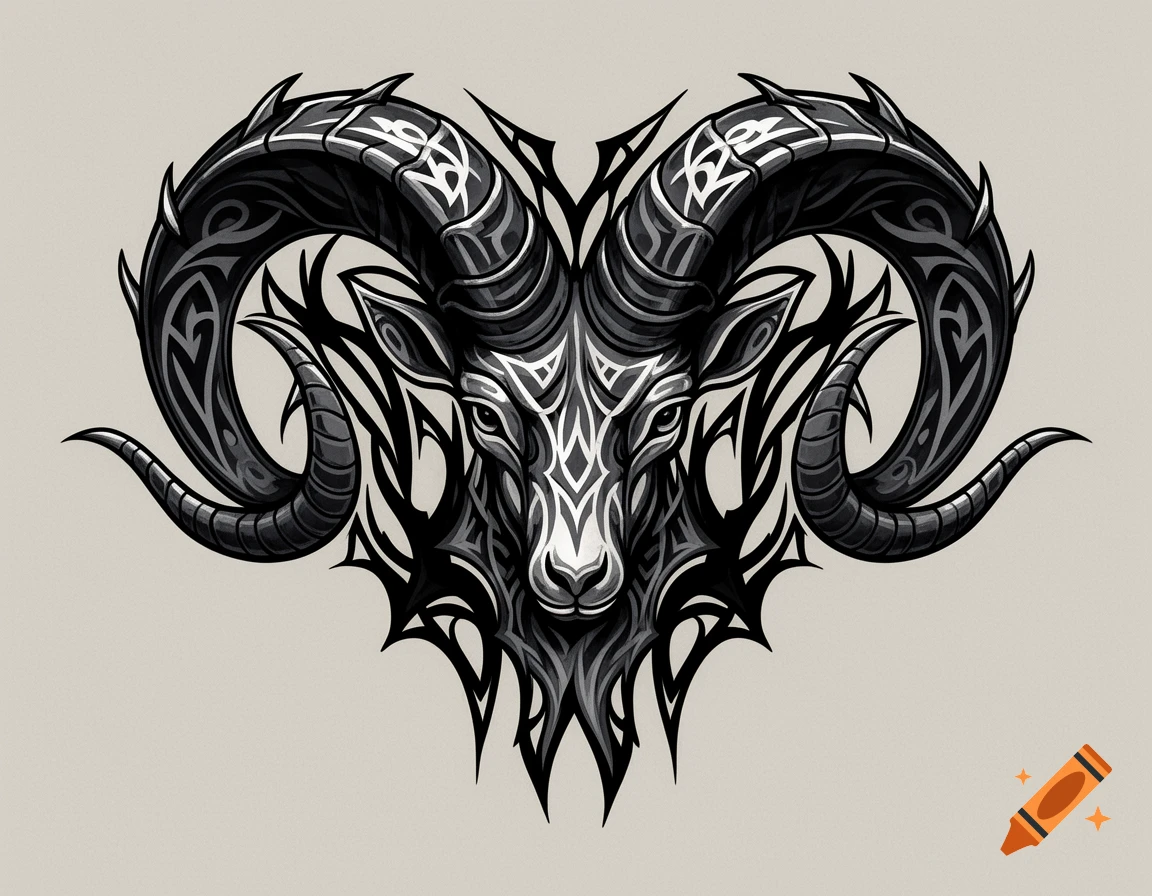 Stylized black and white ram's head with large, ornate horns in a tribal tattoo art style.