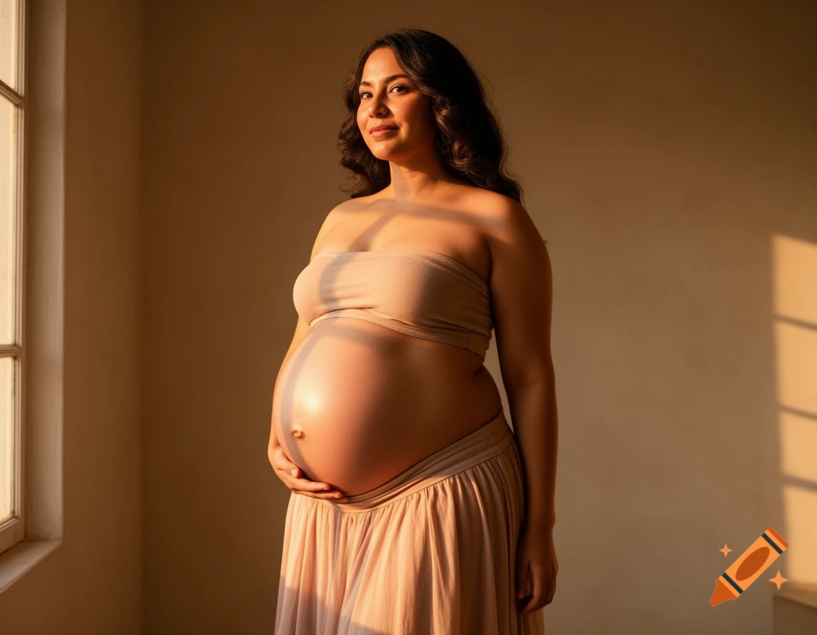 A smiling pregnant woman with long dark hair, wearing a beige tube top and skirt, stands in warm sunlight by a window.
