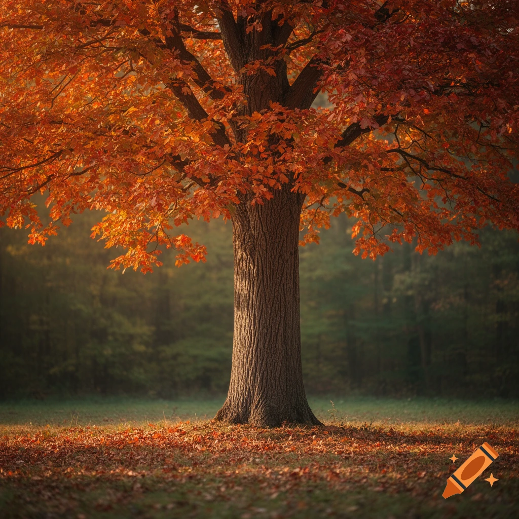 A photorealistic image of a large tree with vibrant orange and red autumn leaves in a sunlit forest clearing.