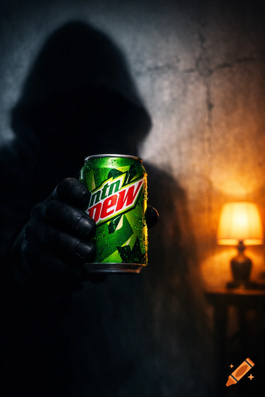 A shadowy figure holds a sweating green Mountain Dew can in a dimly lit room with an orange lamp.