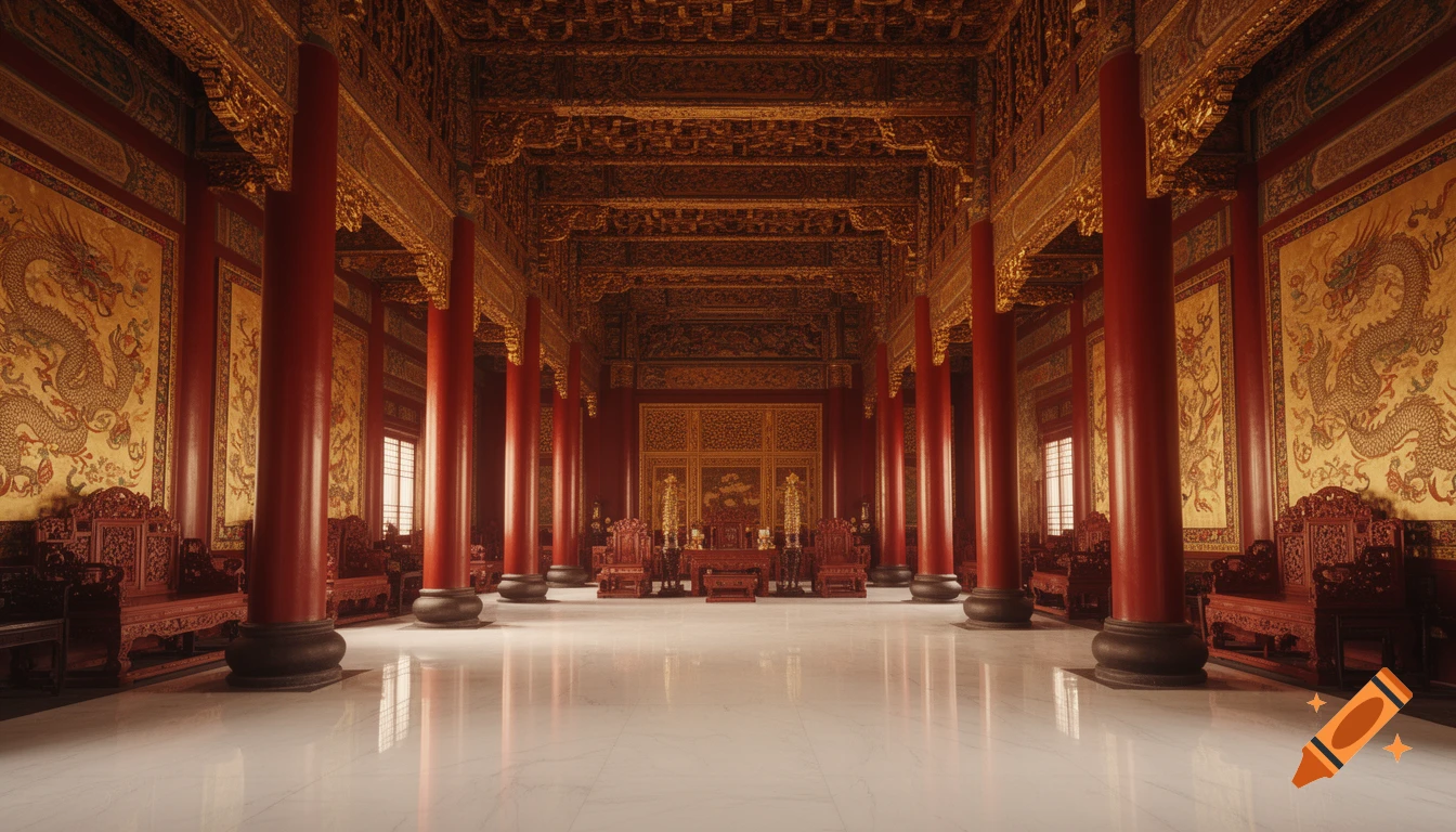 A grand, symmetrical hall in a Chinese imperial palace with red pillars, golden dragon murals, ornate furniture, and a reflective white marble floor. Photorealistic style.
