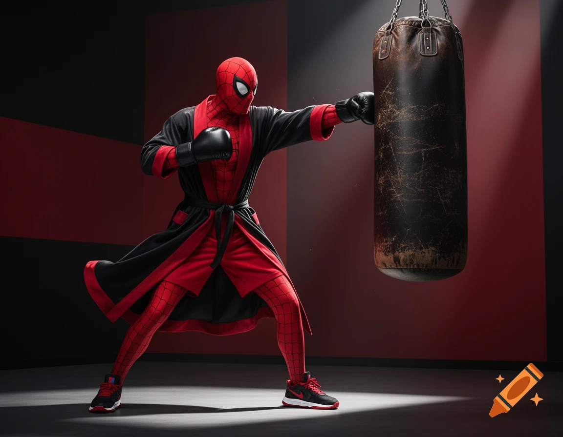Spider-Man in a black and red boxing robe and gloves punching a heavy bag in a dimly lit red and black gym.