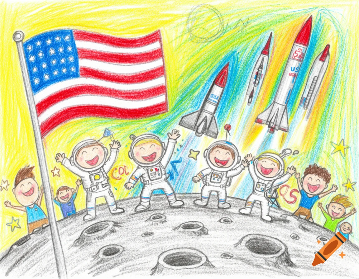 A colorful crayon drawing of happy astronauts on the moon with an American flag, while rockets fly in the vibrant sky, in a childish style.