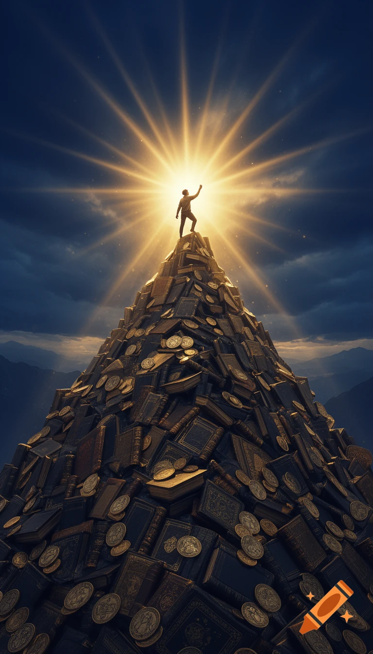 Silhouette of a person on a mountain of books and coins reaching for a bright sunburst in a dark sky.