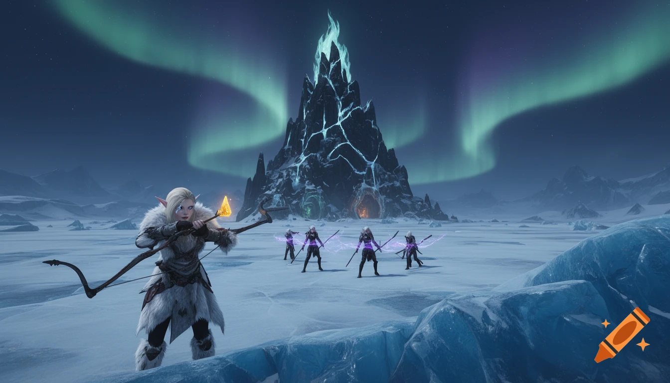 An elf with a glowing arrow watches dark elves on a vast arctic plain under green and violet northern lights and a frozen flame spire.