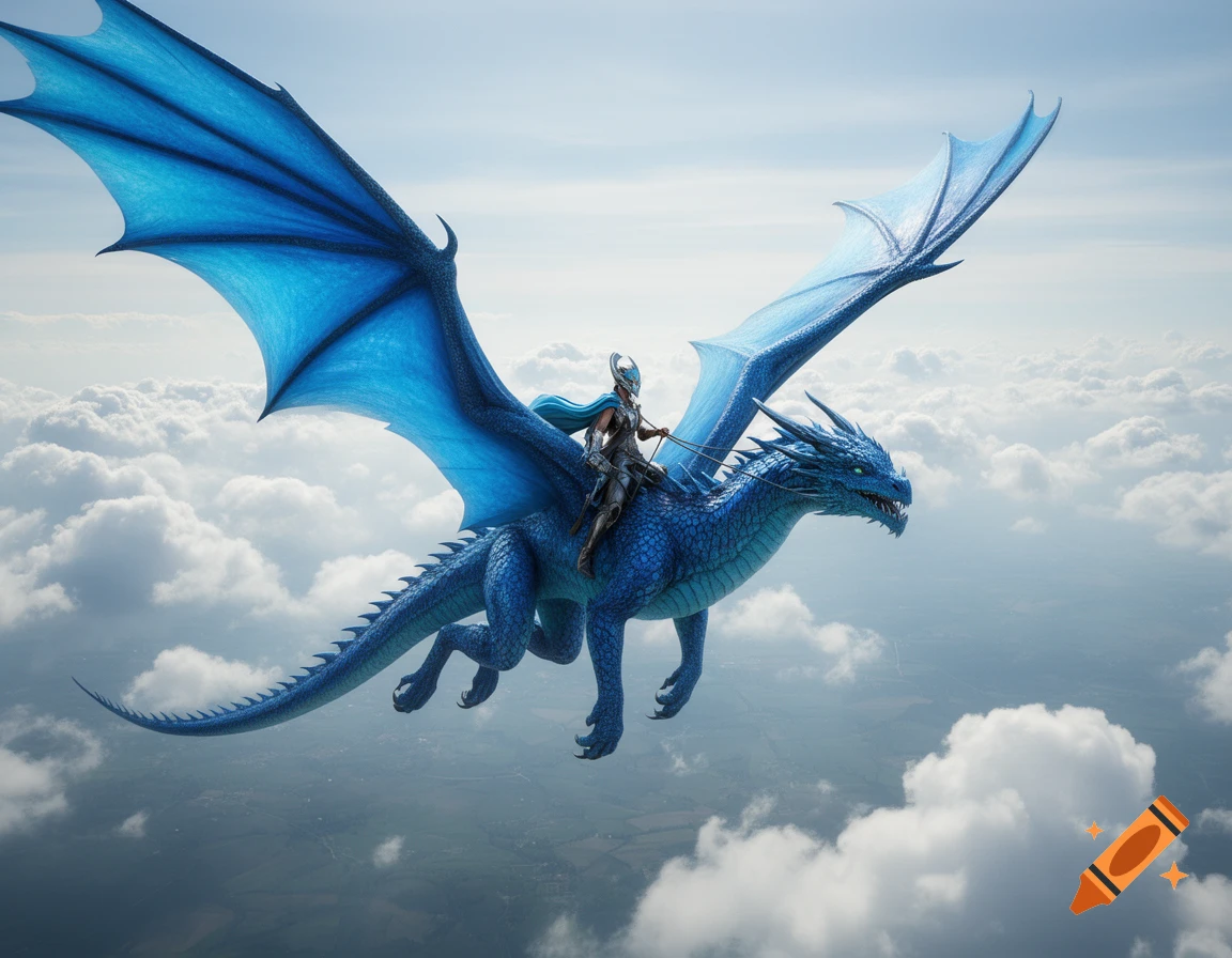 A majestic blue dragon with a rider flies high above a layer of white clouds.