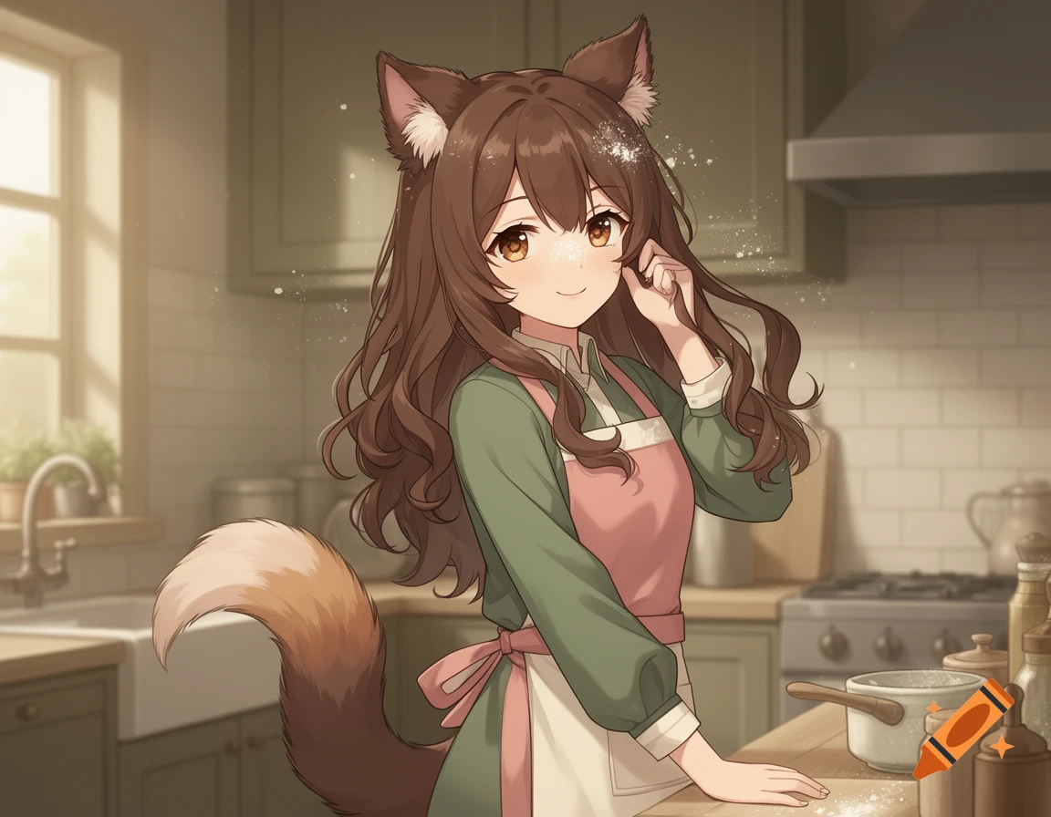 Anime girl with brown hair, cat ears, and fluffy tail, wearing an apron in a kitchen with flour on her face.