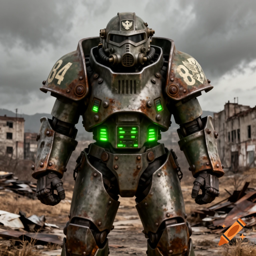 A weathered, green and rusty power armor, similar to those in Fallout, stands in a desolate, ruined urban landscape under a cloudy sky. The armor has glowing green lights on its chest and the number "84" on its left shoulder.